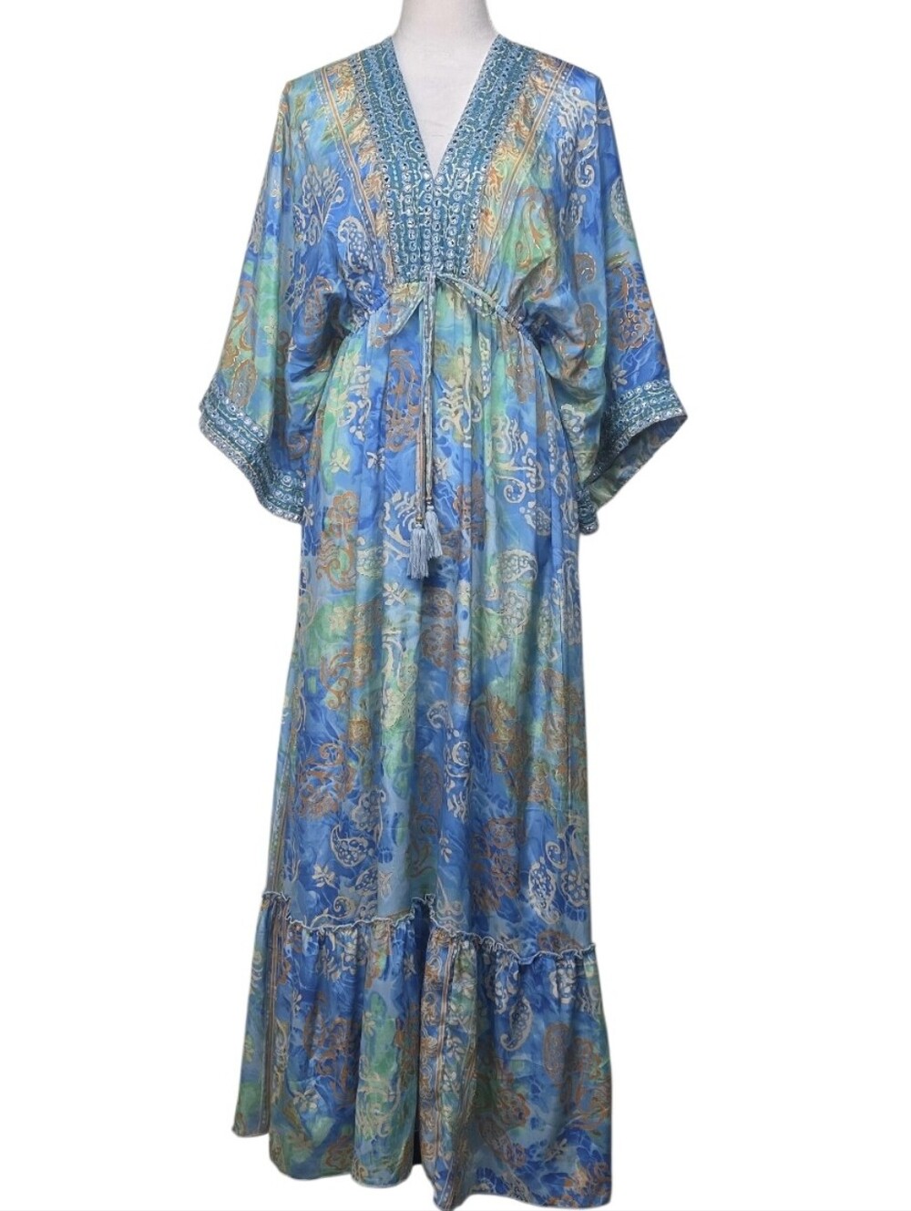 New Collection Bohemian Multicolor V-Neck Maxi Dress with Tie Waist